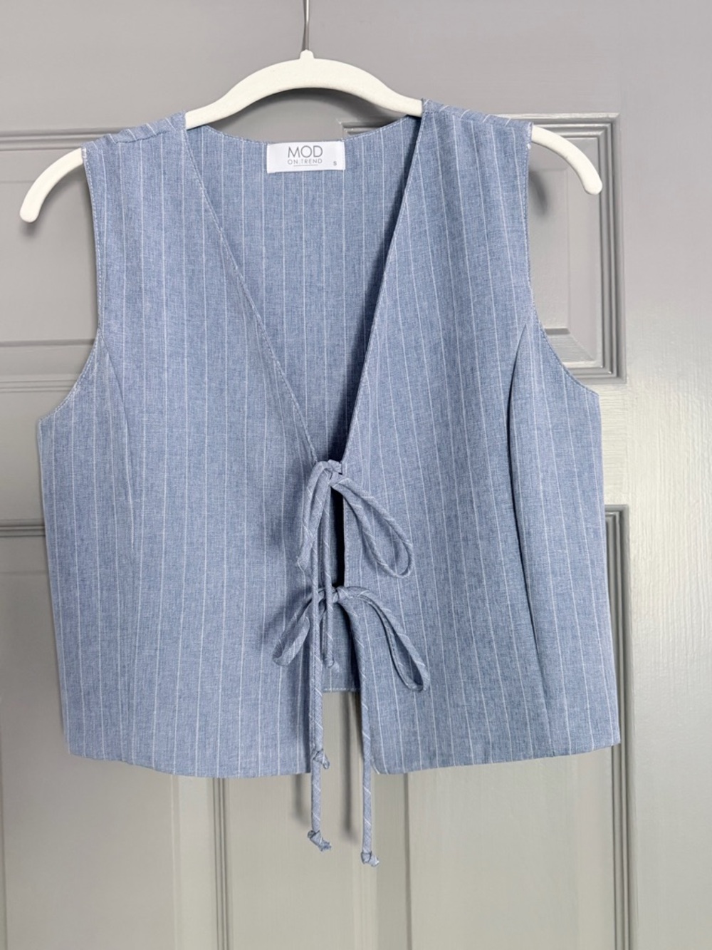 Blue Pinstripe Tie-Front Vest, Size Small